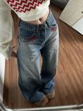 Shopmocho American Embroidery Hot Stamping Design Trendy Cool High Waisted Straight Leg Jeans for Women New Casual Slim and Wide Leg Pants