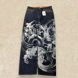 SHOPMOCHO Japanese Harajuku Jeans Mens New Dragon High Quality Jeans Gothic Y2K Vintage Hip Hop Streetwear Denim Fabric Wide Leg Pants