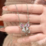 SHOPMOCHO Y2K Crystal Bowknot Heart Pendant Necklace for Women Pink Heart Aesthetic Necklace Clavicle Chain 2026 Trendy Party Jewelry Gift