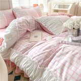 Shopmocho Korean Style Princess Bedding Set Luxury Pink Lattice Duvet Cover Ruffles Lace Bedspread Bed Sheet Pillowcases