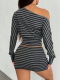 SHOPMOCHO Fashion Casual Sexy Asymmetrical Striped Shoulder Top And Mini Skirt Two-Piece Set for Women