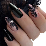SHOPMOCHO 24Pcs Matte Almond Autumn Winter False Nails with Glue Glitter Butterfly Fake Nail Press Ons Black Gradient Artificial Nail Tips