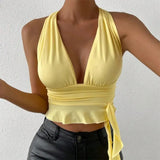 Shopmocho Women's Sexy Tight Fitting Deep V-neck Pleated Top Tight Fitting 2025 Spring Beach Resort Nightclub New Model Women's Sexy Tigh