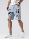 SHOPMOCHO Men Summer Fashion Denim Shorts Jeans For Men Streetwear Letter Ripped Knee Length Baggy Comfort Cargo Casual Shorts Pants Jeans