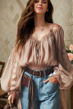 Shopmocho Women's Boho Shirt Off Shoulder Lace Up Lantern Sleeve Vintage Sexy Sweet Cropped Blouse Top Hollow Out Casual Lace Blouse Tops