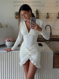 Shopmocho Weird Puss Chic Knot Dress Women V-Neck Long Sleeve Ruched Ruffled Hem Skinny Solid Elegant Birthday Simple Classic Mini Bodycon