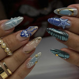 Shopmocho Blue White French 3D Flower Shell Nail Art Summer Beach Fashion Almond False Nails Detachable Finished Fake Nails Press on Nails