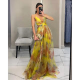 SHOPMOCHO-Elegant Print Pleated Mesh Evening Dress Sexy Off Shoulder Ins Vacation Long Dress Summer V Neck High Waist Backless Sling Dress