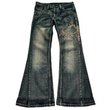 SHOPMOCHO Y2K new American retro embroidery pattern women horn -shaped jeans street fashion Gothic slim mop pants women jeans