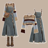 Shopmocho 2025 Spring New Vintage Denim Skirt Matching Set Women's Elegant Loose Hollow Knitted Shirt+Sexy Split Dress Two Piece Suit