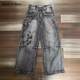 Shopmocho Mens Jeans Y2K Vintage Streetwear Black Gray Wide Leg Denim Pants Abstract Print Washed Distressed Loose Fit Dark Punk Fashion