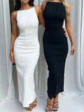 Shopmocho Sexy Women Long Dress Ruched Sleeveless Slim Solid Summer Party Back Split Dress Clubwear Female Vestido Outfits