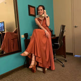 Shopmocho Satin Prom Dresses Pockets Draped Neck Long Formal Evening Gown Spaghetti Strap A line Bridesmaid Dress Lace Up Back with Slit