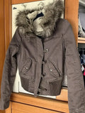 SHOPMOCHOVintage Fur Trim Hooded Bomber Jacket Womens Brown Zipper Coat with Sherpa Lining Ribbed Cuffs Y2K Winter Keep Warm Coats