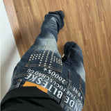 SHOPMOCHO Y2K New Retro Rivet Letter Embroidered Low Waist Jeans for Women Washed Old Slim Street Wear Goth Jeans