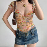 Shopmocho Women Summer New Floral Print Mesh Slim Fit Crop Top Sexy Deep Neck Short Sleeve T-Shirt Women Spicy Girl Top