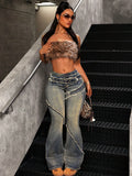 SHOPMOCHO Women Frayed Slightly Flared Jeans Retro European American Style High Waist Floor Length Denim Pants Streetwear Casual Trousers