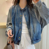 Shopmocho Harajuku Y2K Patchwork Denim Jacket Women O Neck Loose Casual Classic Coat Long Sleeve Single Breasted Rockabilly Baseball Jacke