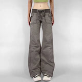 SHOPMOCHO Retro Lace-up Low Rise Pants Streetwear Patchwork Loose Casual  for Women Harajuku Straight Trousers Korean Fashion