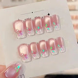 SHOPMOCHO 10pcs Aurora Cat Eye Handmade Press on Nails Pink Cherry Blossom False Nails Crystal Flower Pearl Fake Nails French Coffin Nail