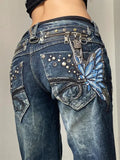 SHOPMOCHO Embroidered Women Jeans Y2K Millennium Harajuku Slim Flared Jeans American Fashion High Street Large Size Butterfly