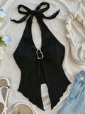 Shopmocho Sexy V-neck Halter Neck Crop Top for Women Summer Sleeveless Solid Split Backless Top Y2K Clothes