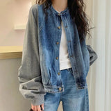 Shopmocho Harajuku Y2K Patchwork Denim Jacket Women O Neck Loose Casual Classic Coat Long Sleeve Single Breasted Rockabilly Baseball Jacke