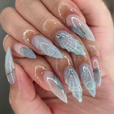 Shopmocho Blue White French 3D Flower Shell Nail Art Summer Beach Fashion Almond False Nails Detachable Finished Fake Nails Press on Nails