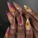 Shopmocho Pink Yellow Halo Dyeing Flower Water Ripple Summer False Nails Leopard Long Pointed Fake Nails Art Press on Nails Charm Manicure
