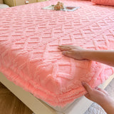Shopmocho 1pc Winter Warm Bed Sheet with Elastic Band Single/Queen/King Mattress Cover Thick Coral Fleece Fluffy Fitted Bed Sheets for Bed