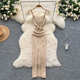 Shopmocho Sexy Knitting Split Long Dress Sleeveless Sequins Diamonds With Sashes Skinny Sundress 2025 Fashion Women Summer Dress