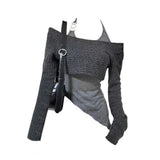 Shopmocho Women's Grey Pullover Knit Sweater Harajuku Vintage 2000s Y2k Fake Two Pieces Knitwear Long Sleeves Cashmere Sweater Autumn 2025