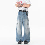 SHOPMOCHO Men's Loose Straight Leg Jeans Multi-Pocket Dark Wash American INS High Street Style Workwear Denim Two Colors Available