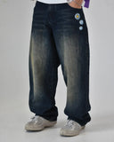 SHOPMOCHO Japanese Anime JOJU FMA High Waist Baggy Men Jeans Alphonse Elric Embroidery Anchor Patch Distressed Wash Wide Leg Denim Pants