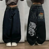 Shopmocho American Hip Hop Retro Gothic Print Jeans Women Y2K New Street Selling Fashion Loose Straight Wide Leg Pants Unisex Joker Jeans