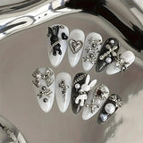 Shopmocho 10pcs personalized black and white nail art, rabbit and bow decoration - Gothic minimalist style, suitable for daily wear