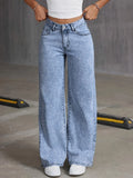 SHOPMOCHO Women's Back Pocket Bow Embroidered Fashionable Wide Leg Pants Versatile Washed Denim Trousers