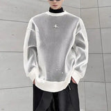 Shopmocho Fashion Korean Clothes Spring Hollow Out Ice Silk Fabric Men's Wear Sheer Out Streetwear Round Neck Long Sleeve T-shirt