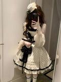 SHOPMOCHO Design Sweet Kawaii Polka Dot Lolita Dress Women France Elegant New Bow 2-piece Set Female Fashion Long Sleeve Short Cardigan