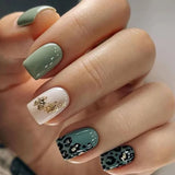 Shopmocho 24Pcs Long Coffin Leopard Print False Nails with Glue Sweet Cool Diamond Fake Nail Set Floral French Press on Wearable Nail Tips