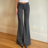 SHOPMOCHO Lucyever Grey Low Waisted Flared Pants Female Y2K High Street Retro Wide Leg Trousers Fashion Slim Pocket Office Lady Suit Pants