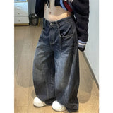 SHOPMOCHO Black Womens Jeans High Waist Vintage Design Hip Hop Straight Baggy Denim Pants Street Y2K American Style Wide Leg Denim Trouser