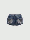 SHOPMOCHO Low Rise Distressed Denim Shorts Female Jeans Womens Jeans Shorts Vintage Y2K Punk Style Embroidered Hot Pants
