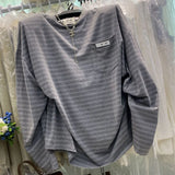 Shopmocho Loose Long Sleeve Striped T-Shirt Women's Fashionable Retro Korean Style Casual Top Thin Medium Length Lazy Style T-Shirt