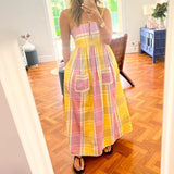 Shopmocho Combhasaki Women Summer Striped Adjustable Thin Spaghetti Straps Ric-Rac Trim Flowy Beachwear A-line Slip Cami Pocket Long Dress