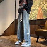 SHOPMOCHO Three bar American retro jeans men's spring and autumn new style high street elastic waist loose casual men's straight leg long