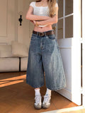 SHOPMOCHO American retro plaid pocket wide-leg short jeans for women loose and casual straight high waist slimming men and women pants