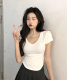 SHOPMOCHO Sexy V-neck Short Sleeve T-shirts for Women Summer New Tees Top Black White Basic Tshirt Y2K Korean Style Women's Clothes 2026
