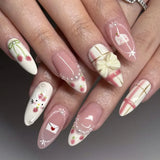 Shopmocho 24pcs Sweet False Nail Patches Detachable Fake Nail Tips With Bowknots Love Heart Pearl Design Pink Almond Korean Press On Nail