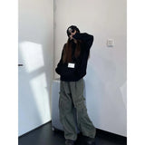 SHOPMOCHO Retro American Denim Work Pants Women's Spring Autumn Loose Wide Leg Slimming Pleated Straight Long Pants Large Pocket